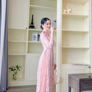 Áo dài nữ Gấm lụa 2 da 2 mặt cao cấp, mầu hồng - Sỉ SLL sẵn kho