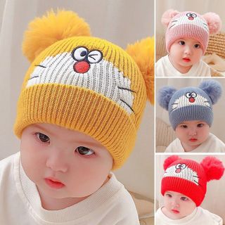 Mũ len JASMINE BABY cho bé đính 2 quả bông hình ĐÔ RÊ MON dày ấm giá sỉ