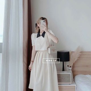 SÉT ÁO CÀI NÚT THẬT KÈM CHÂN VÁY XOÈ DÀI (VÁY CÓ LÓT