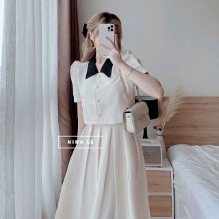 SÉT ÁO CÀI NÚT THẬT KÈM CHÂN VÁY XOÈ DÀI (VÁY CÓ LÓT