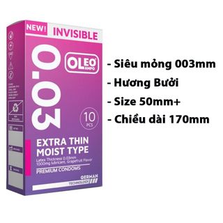 Bao cao su Oleo Lampo Invisible 003, siêu mỏng 0.03mm, nhiều gel, hương bưởi kéo dài thời gian quan hệ