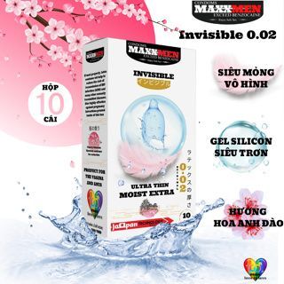 Bao cao su size 49mm Maxxmen Invisible 002, công nghệ NHẬT BẢN cực siêu mỏng NHIỀU GEL, hương hoa anh đào cho LGBT, Gay