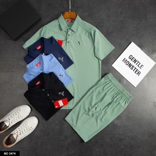Bộ thể thao nam bộ đồ mùa hè nam áo polo có cổ quần short thun mát thấm hút mồ hôi màu trắng đen