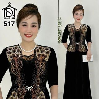 Đầm MAXI trung niên dự tiệc sang trọng vải nhung cao cấp đính đá, tặng mẹ co giãn tốt bigsize 75kg M517