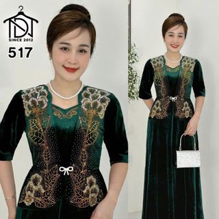 Đầm MAXI trung niên dự tiệc sang trọng vải nhung cao cấp đính đá, tặng mẹ co giãn tốt bigsize 75kg M517