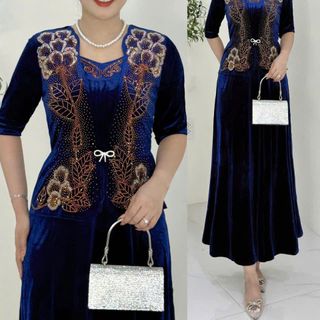Đầm MAXI trung niên dự tiệc sang trọng vải nhung cao cấp đính đá, tặng mẹ co giãn tốt bigsize 75kg M517