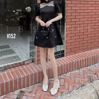 Váy tiệc cổ sơ mi phối lưới đính đá kèm tag nơ cực sang chảnh
