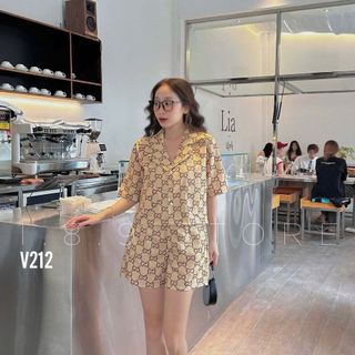 Set thiết kế sơ mi gấm phối họa tiết
