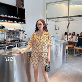 Set thiết kế sơ mi gấm phối họa tiết