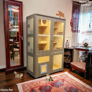 Chuồng Mèo Ba Tầng, Nhà Cho Thú Cưng Gỗ MDF Với Máy Vệ Sinh Tự Động