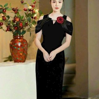 Đầm dạ hội hở vai dây chuyền cổ sang trọng hàng cao cấp thun mango nhập