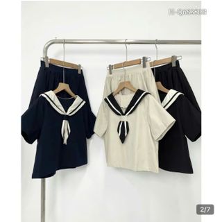 SET áo croptop cổ thủy thủ kèm chân váy xếp li Freesize dưới 62kg chất mango mềm mịn