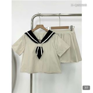SET áo croptop cổ thủy thủ kèm chân váy xếp li Freesize dưới 62kg chất mango mềm mịn