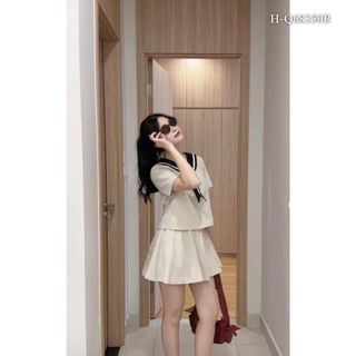 SET áo croptop cổ thủy thủ kèm chân váy xếp li Freesize dưới 62kg chất mango mềm mịn