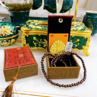 Combo Chuỗi 108 Hạt Gỗ Mun vs Lá Bồ Đề Dát Vàng Kèm Hộp Gấm Cao Cấp