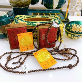 Combo Chuỗi 108 Hạt Gỗ Mun vs Lá Bồ Đề Dát Vàng Kèm Hộp Gấm Cao Cấp