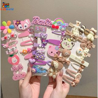 Phụ Kiện Tóc, Set Ghim Tóc 14 Chi Tiết Bé Gái, Cặp Tóc, Cài Tóc Hình Gấu Quả Dâu Hồng, Kuromi Tím, Màu Sắc Dễ Thương