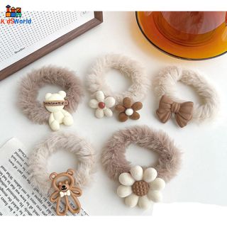 Phụ Kiện Tóc, Set 5 Dây Buộc Tóc Cho Nữ, Bé Gái, Dễ Thương, Hình Hoa Nâu, Gấu Quả Dâu Hồng