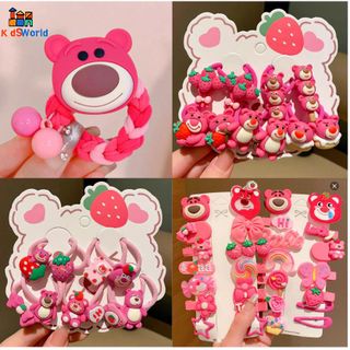 Phụ Kiện Tóc, Set 5 Dây Buộc Tóc Cho Nữ, Bé Gái, Dễ Thương, Hình Hoa Nâu, Gấu Quả Dâu Hồng