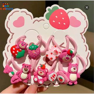 Phụ Kiện Tóc, Set 5 Dây Buộc Tóc Cho Nữ, Bé Gái, Dễ Thương, Hình Hoa Nâu, Gấu Quả Dâu Hồng