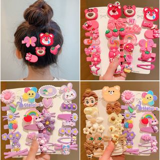 Set Ghim Tóc , Vỉ Cặp Tóc Cho Bé Gái Hình Gấu Dâu, Hoạt Hình, Màu Sắc Dễ Thương, Màu Hồng, Màu Cam, Màu Tím