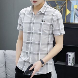 Áo sơ mi nam ngắn tay phối họa tiết caro thêu chữ Mr