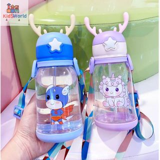 (Tặng Kèm bộ vệ sinh bình, ly) Bình Nước Cho Bé Đi Học, Đi chơi + Dây đeo+Stiker Chống Tràn 600ml