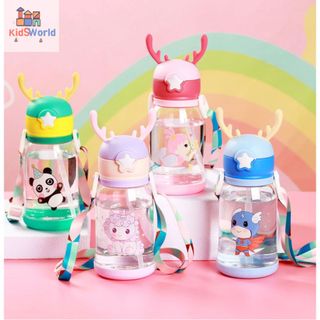 (Tặng Kèm bộ vệ sinh bình, ly) Bình Nước Cho Bé Đi Học, Đi chơi + Dây đeo+Stiker Chống Tràn 600ml