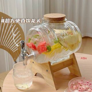 Bình thuỷ tinh đựng rượu, đựng nước để bàn có kèm vòi kệ gỗ 1 L