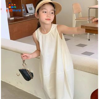 (Hàng Mới về) Váy Bé Gái Dáng Suông Mùa hè Thoáng Mát, Phong Cách hàn Quốc, Đi Chơi Đi Du Lịch, Màu Vàng Nhạt