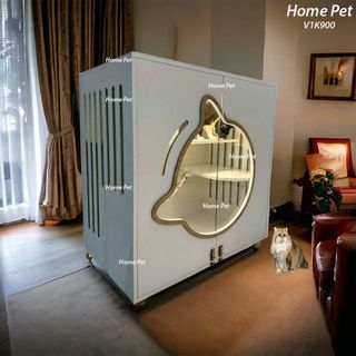 Chuồng Mèo Gỗ MDF Chống Ẩm, Nhà Cho Thú Cưng Cánh Cửa Hình Mèo Ngộ Nghĩnh