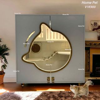 Chuồng Mèo Gỗ MDF Chống Ẩm, Nhà Cho Thú Cưng Cánh Cửa Hình Mèo Ngộ Nghĩnh