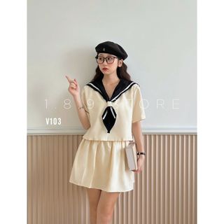 Set Nữ Cổ Phối Vạt Khăn Kèm Chân Váy Kiểu Dáng Hàn Quốc Chất Vải Thô Mềm Free Size -189 STORE - V103