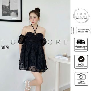 Đầm xốp gân 3 lớp có mút ngực 2 dây chéo cổ vai trễ tay phồng kèm váy có lót quần-189 STORE-V079