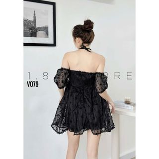 Đầm xốp gân 3 lớp có mút ngực 2 dây chéo cổ vai trễ tay phồng kèm váy có lót quần-189 STORE-V079 giá sỉ