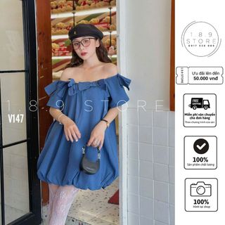Váy bò mềm trễ vai phối nơ form bồng baby doll thiết kế dành cho các nàng thơ đi cafe-189STORE- V147