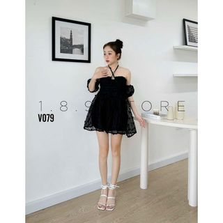 Đầm xốp gân 3 lớp có mút ngực 2 dây chéo cổ vai trễ tay phồng kèm váy có lót quần-189 STORE-V079