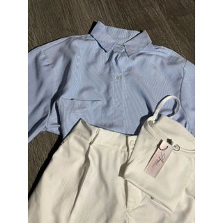 Set Bộ Đùi 3 Món KATE Sọc Sơ Mi Tay Dài Lót Áo Gân Trong Mix Quần SHORT KAKI Trắng -189 STORE - V099