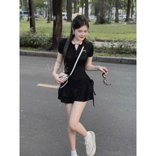 [SHOPPUMI] Đầm body đên thêu nơ lai bèo nhún hông SM Pumi 16231