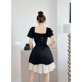 Váy tuyết mưa cổ vuông, đầm dự tiệc đính đá phối tơ bèo sang chảnh phong cách tiểu thư-189STORE-V146
