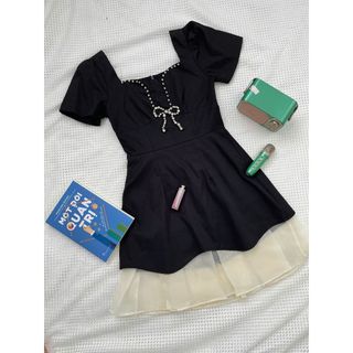 Váy tuyết mưa cổ vuông, đầm dự tiệc đính đá phối tơ bèo sang chảnh phong cách tiểu thư-189STORE-V146