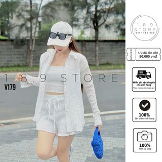 Set bộ đũi xốp 3 món đi biển, áo cúp ngực mix quần short đùi kèm áo sơ mi ngoài đẹp-189 STORE - V179