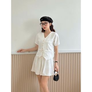 Set Váy Nữ Đi Chơi Sang Chảnh Chất For Áo Cổ V Tay Ngắn Cài Nút Mix Chân Váy Xếp Ly -189STORE - V097