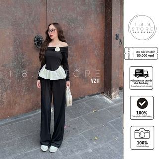 Set tăm zip áo trễ vai cổ bè đính hoa trà, gấu vát tròn pha bèo tơ Mix quần xuông - 189 STORE - V211