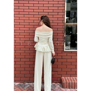 Set tăm zip áo trễ vai cổ bè đính hoa trà, gấu vát tròn pha bèo tơ Mix quần xuông - 189 STORE - V211