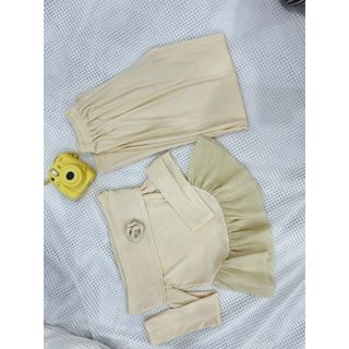 Set tăm zip áo trễ vai cổ bè đính hoa trà, gấu vát tròn pha bèo tơ Mix quần xuông - 189 STORE - V211