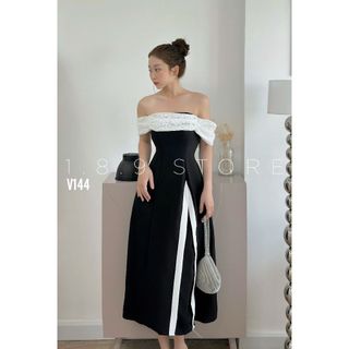 Đầm tiểu thư đi dự tiệc cưới, đầm xòe tiểu thư trễ vai dáng chất tapta phối ren  - 189 STORE - V144