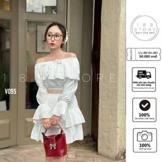 Set Tiểu Thư 2 Món Mặc Hai Kiểu Áo Trễ Vai Bèo Dập Ly Tay Loe Chân Váy Dập Ly Tầng -189 STORE - V095