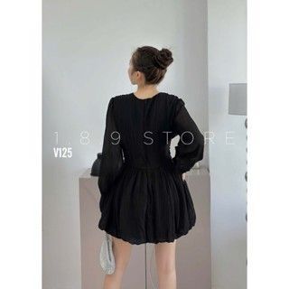 Đầm thiết kế chất tơ xốp mặc đi tiệc sang trọng, đầm ngắn xòe dài tay cổ chữ V -189 STORE-V125