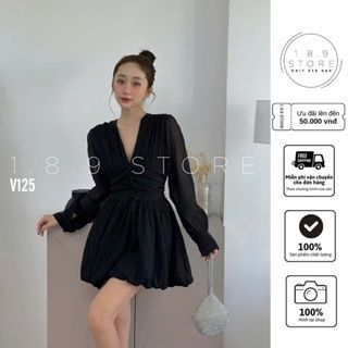Đầm thiết kế chất tơ xốp mặc đi tiệc sang trọng, đầm ngắn xòe dài tay cổ chữ V -189 STORE-V125